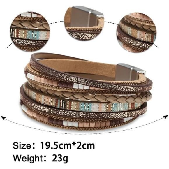 Leather Wrap Bracelets for Women, Boho Leopard Multi-Layer Crystal Beads Cuff - Picture 5 of 6